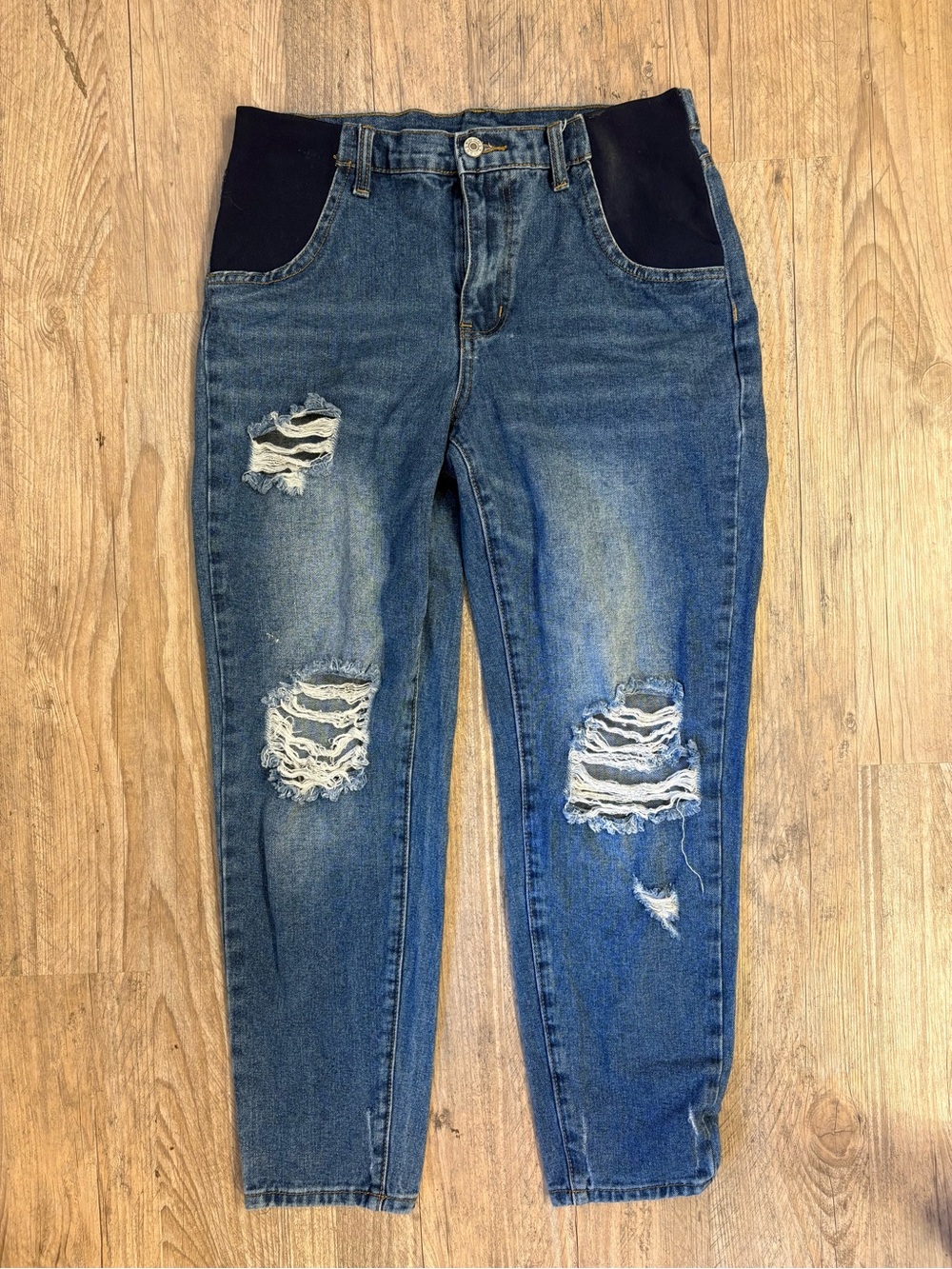 SHEIN Blue Distressed Slim Straight Jeans with Black Side Panels, maternity jean